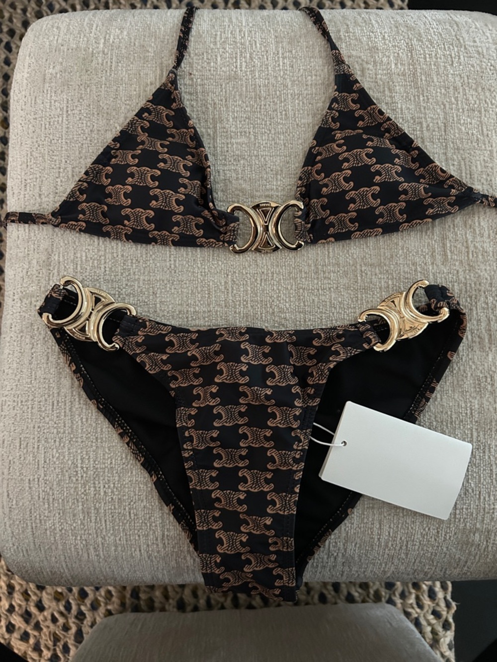 Black & Bronze Logo-Print Triangle Bikini with Gold Hardware